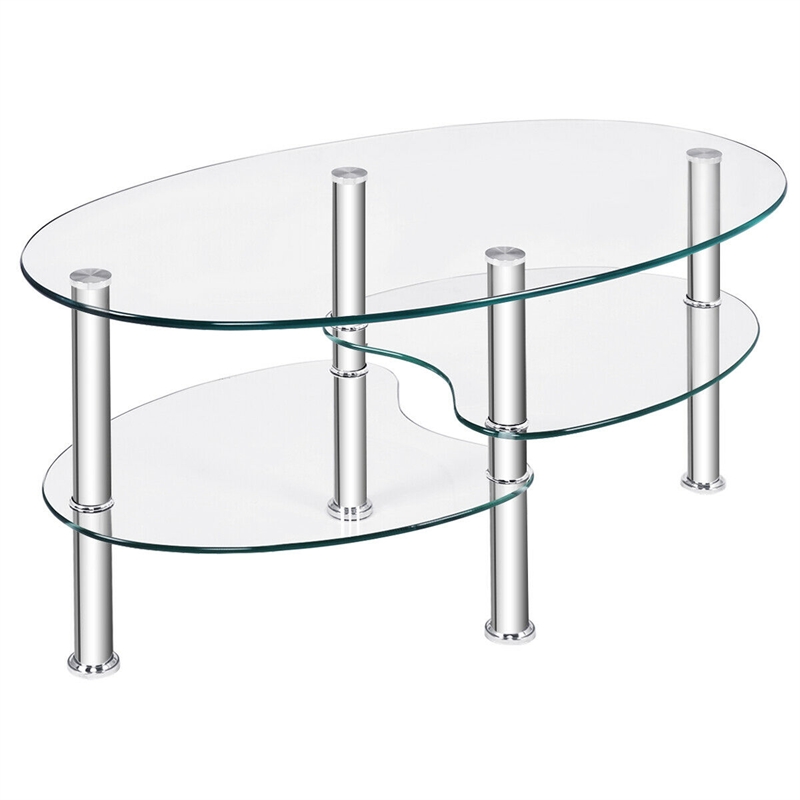 Tempered Glass Oval Side Coffee Table Shelf Chrome Base Clear