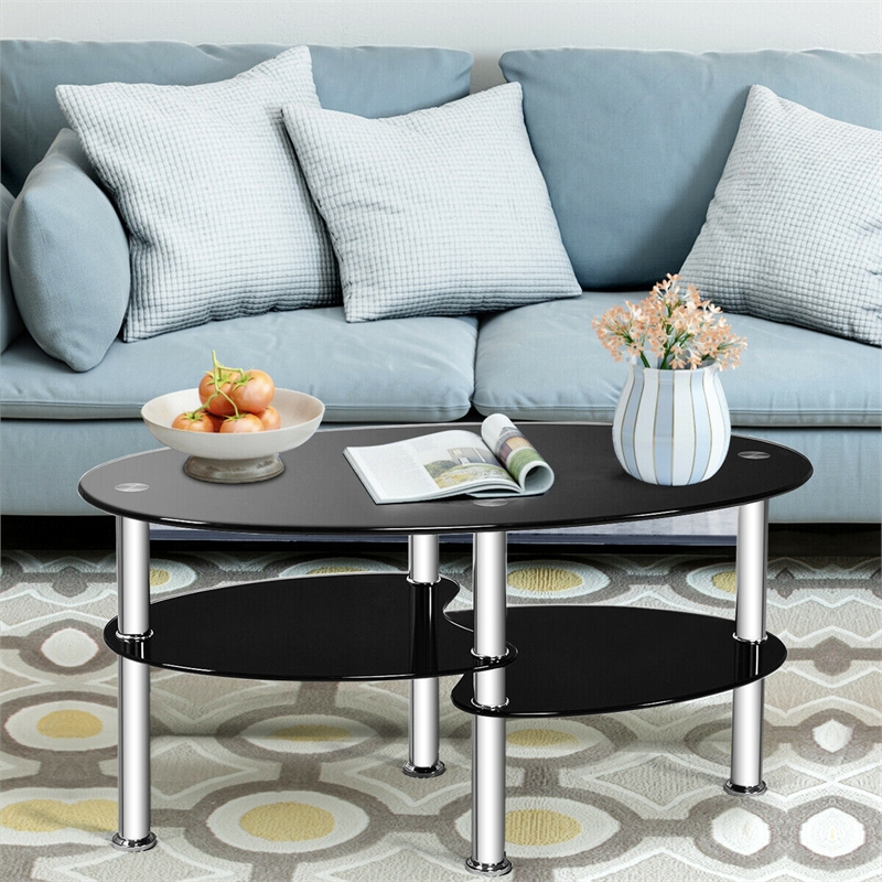 Tempered Glass Oval Side Coffee Table Shelf Chrome Base Black