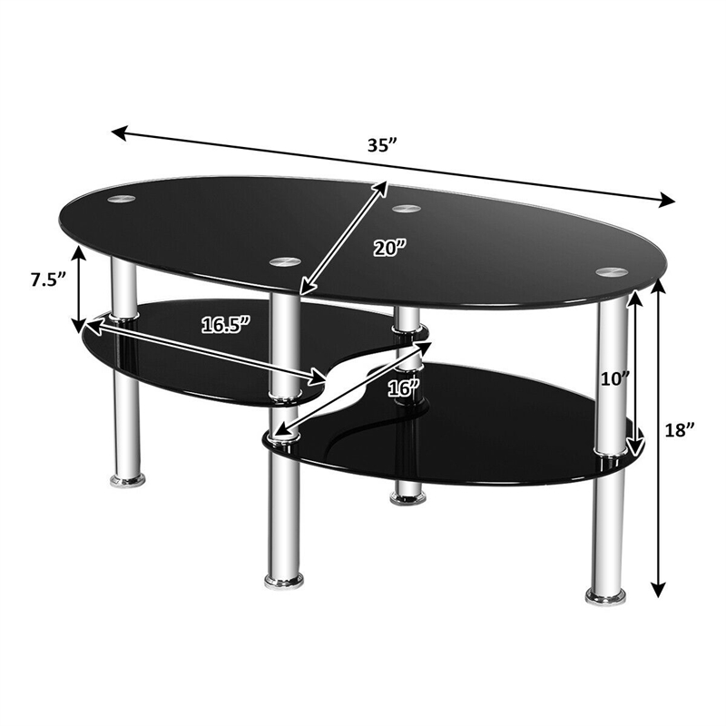 Tempered Glass Oval Side Coffee Table Shelf Chrome Base Black