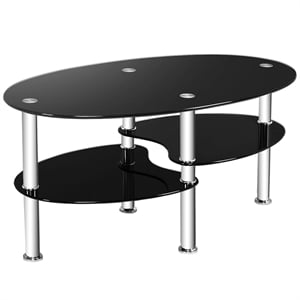 Tempered Glass Oval Side Coffee Table Shelf Chrome Base Black
