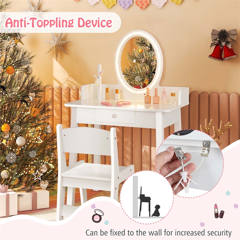 Vanity Set with Lighted Mirror Chair 2 Color LED Lighting Makeup White