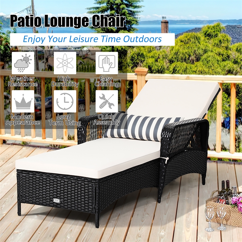 PE Rattan Chaise Lounge Chair Armrest Recliner Adjustable Black