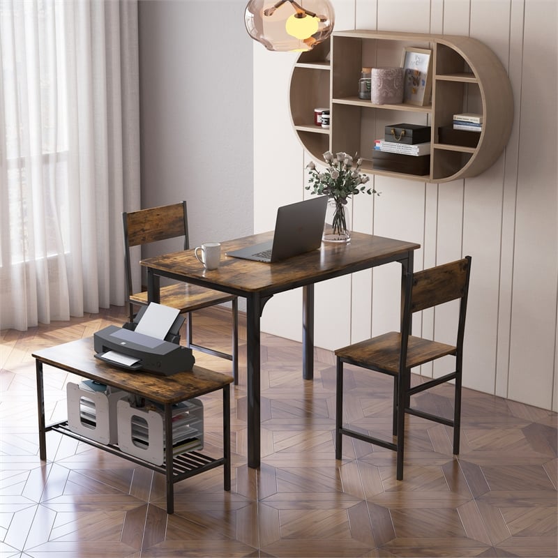 4pcs Dining Table Set Rustic Desk 2 Chairs and Bench  Brown