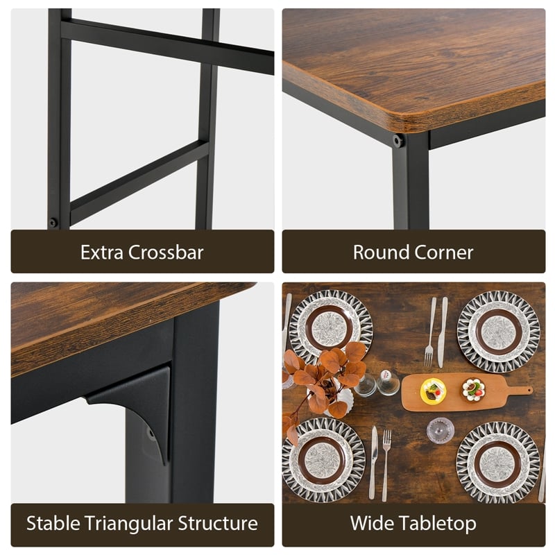 4pcs Dining Table Set Rustic Desk 2 Chairs and Bench  Brown