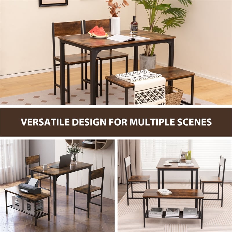 4pcs Dining Table Set Rustic Desk 2 Chairs and Bench  Brown