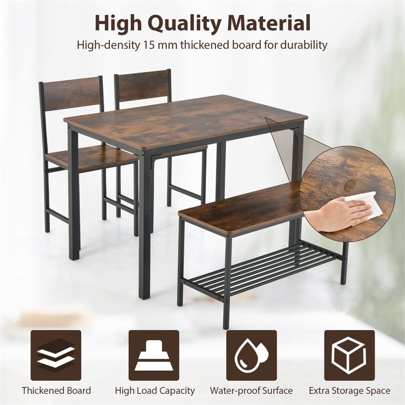 4pcs Dining Table Set Rustic Desk 2 Chairs and Bench  Brown