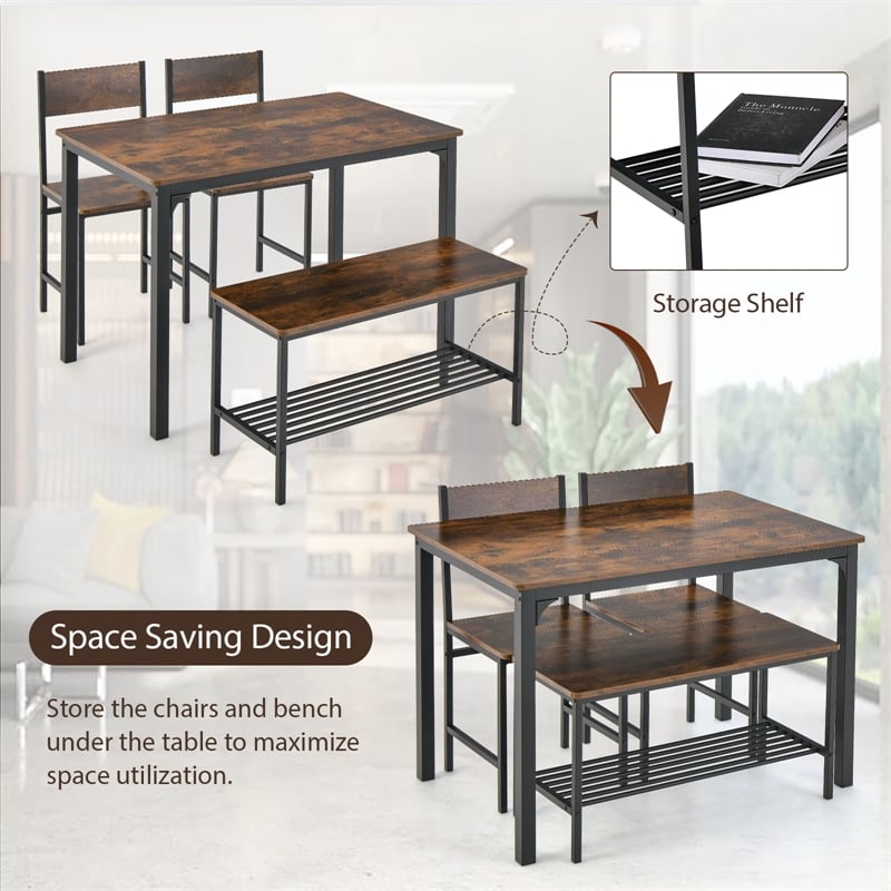 4pcs Dining Table Set Rustic Desk 2 Chairs and Bench  Brown