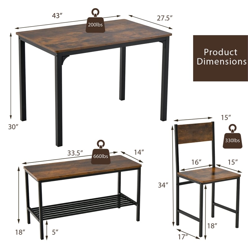 4pcs Dining Table Set Rustic Desk 2 Chairs and Bench  Brown