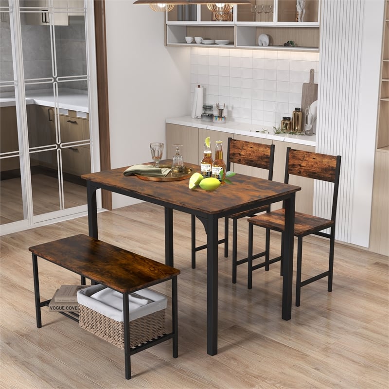 4pcs Dining Table Set Rustic Desk 2 Chairs and Bench  Brown