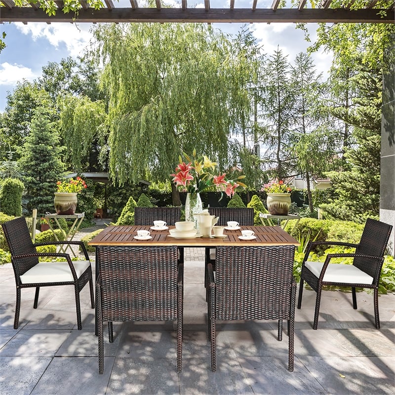 7PCS Patio Rattan Dining Set Table Top with Umbrella Hole White
