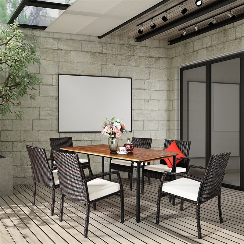 7PCS Patio Rattan Dining Set Table Top with Umbrella Hole White