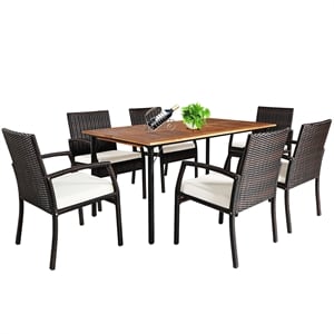 7PCS Patio Rattan Dining Set Table Top with Umbrella Hole White