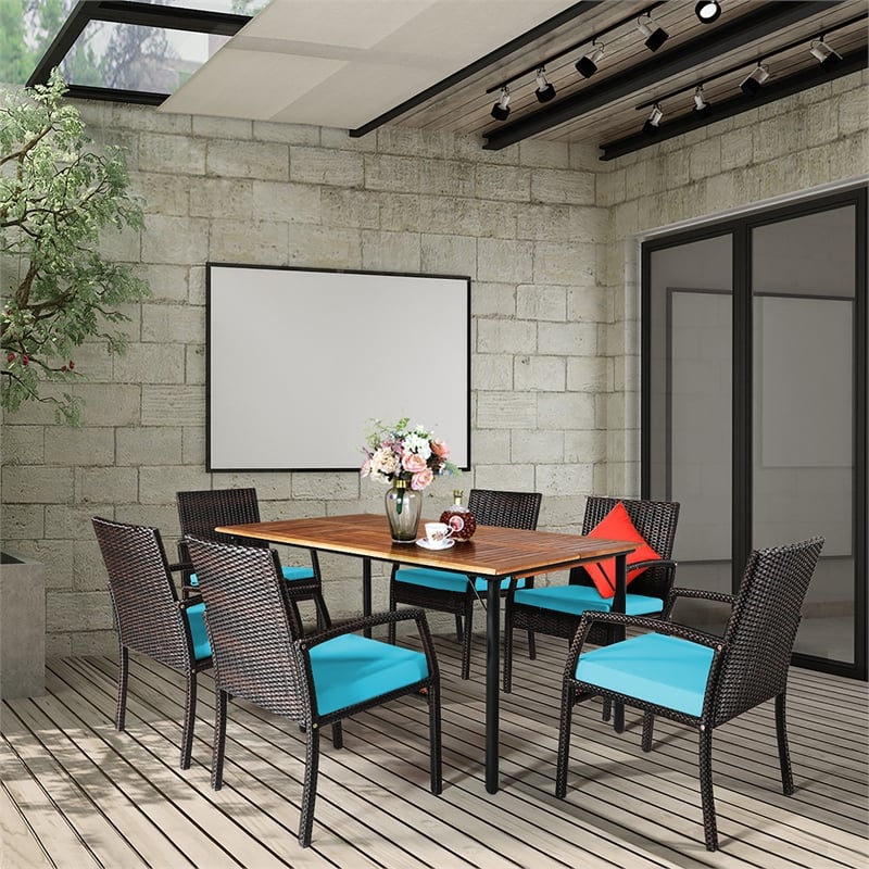 7PCS Patio Rattan Dining Set Table Top with Umbrella Hole Turquoise