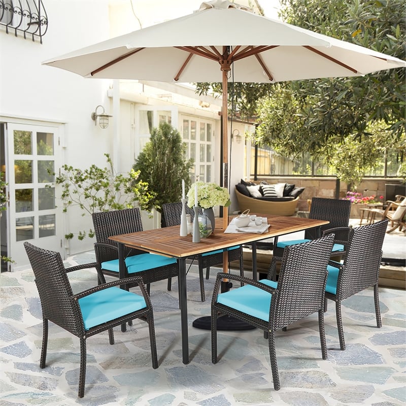 7PCS Patio Rattan Dining Set Table Top with Umbrella Hole Turquoise