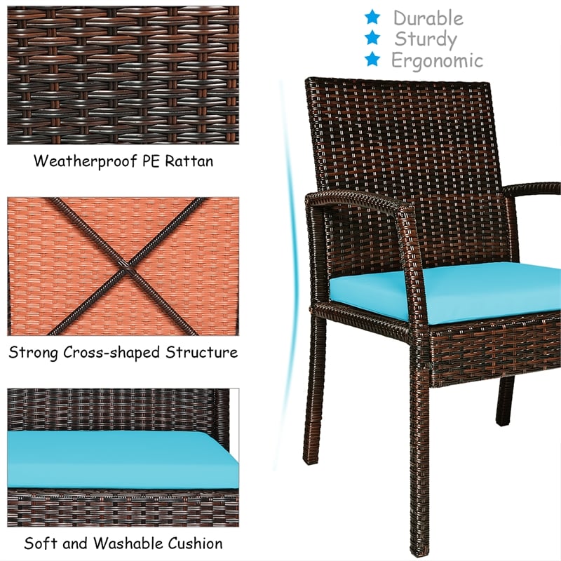 7PCS Patio Rattan Dining Set Table Top with Umbrella Hole Turquoise