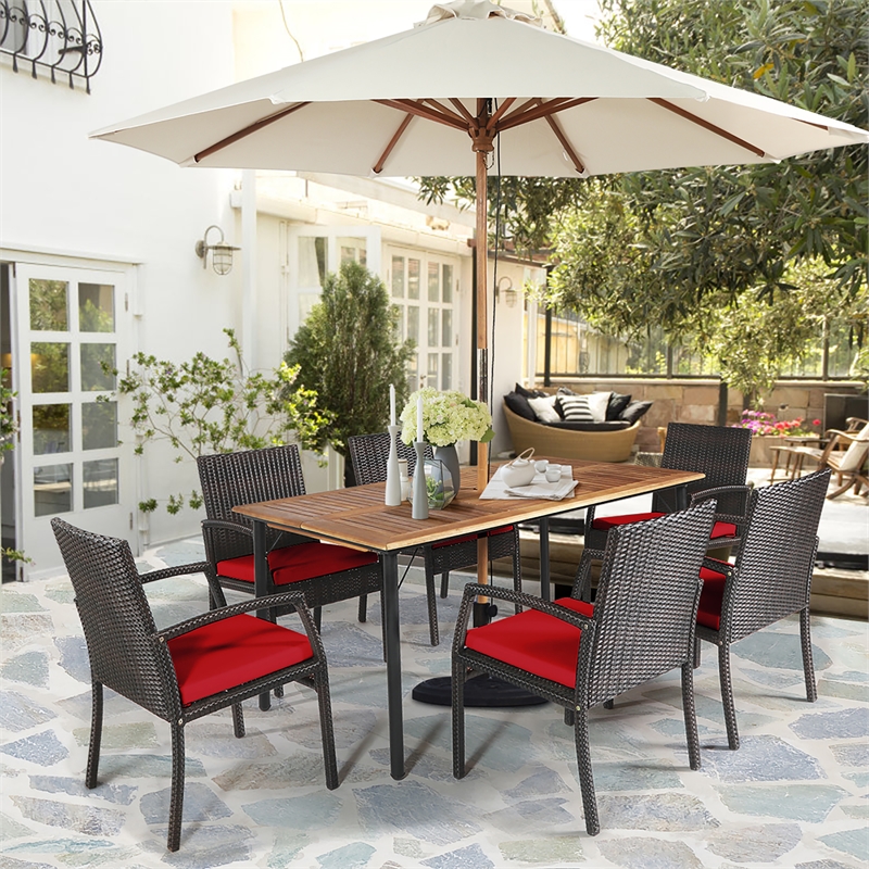 7PCS Patio Rattan Dining Set Table Top with Umbrella Hole Red