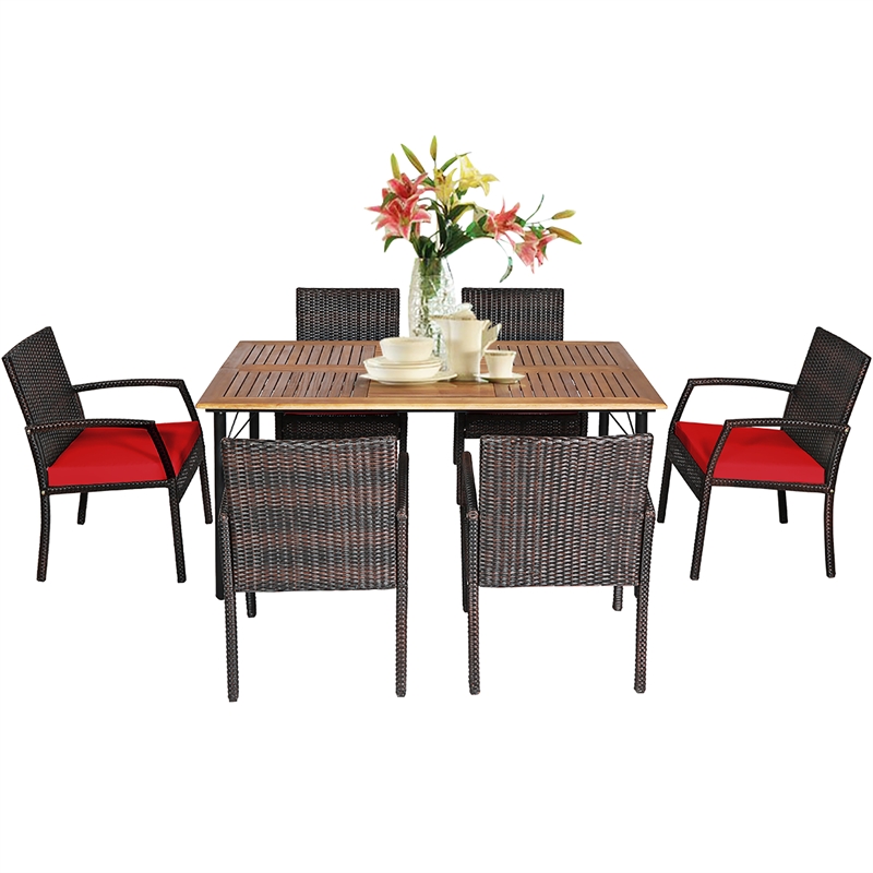 7PCS Patio Rattan Dining Set Table Top with Umbrella Hole Red