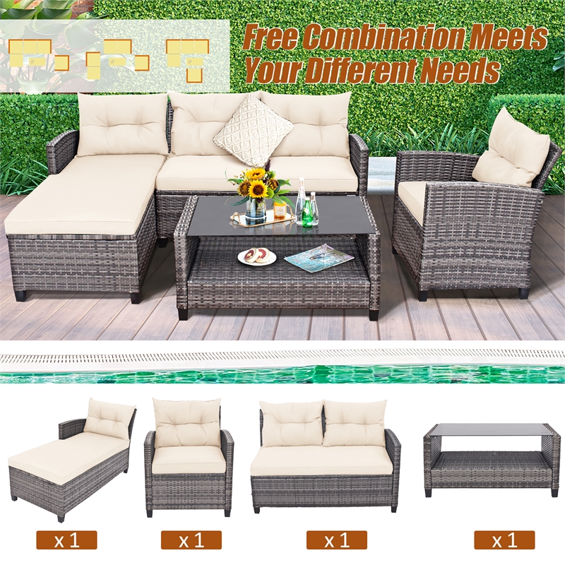 4PCS Patio Rattan Furniture Set Sofa Ottoman Garden Deck White
