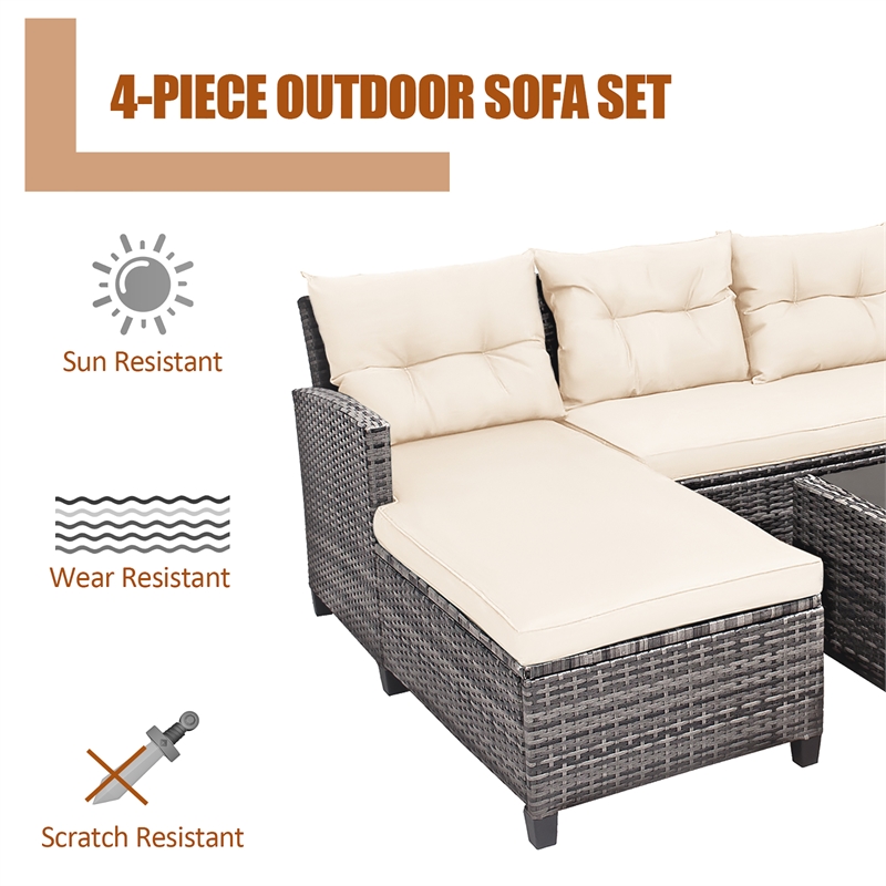 4PCS Patio Rattan Furniture Set Sofa Ottoman Garden Deck White