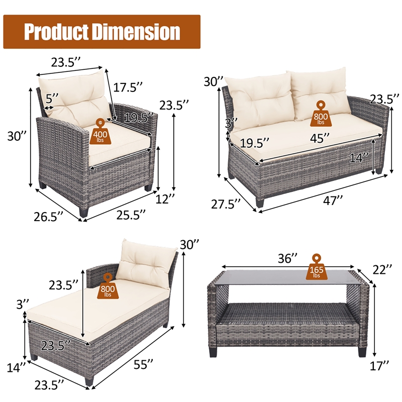 4PCS Patio Rattan Furniture Set Sofa Ottoman Garden Deck White