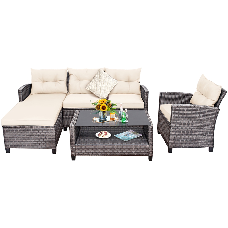 4PCS Patio Rattan Furniture Set Sofa Ottoman Garden Deck White
