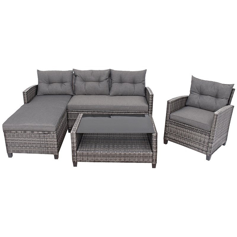 4PCS Patio Rattan Furniture Set Sofa Ottoman Garden Deck Gray
