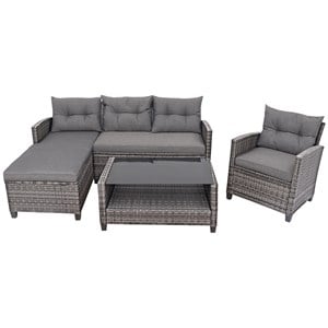 4PCS Patio Rattan Furniture Set Sofa Ottoman Garden Deck Gray