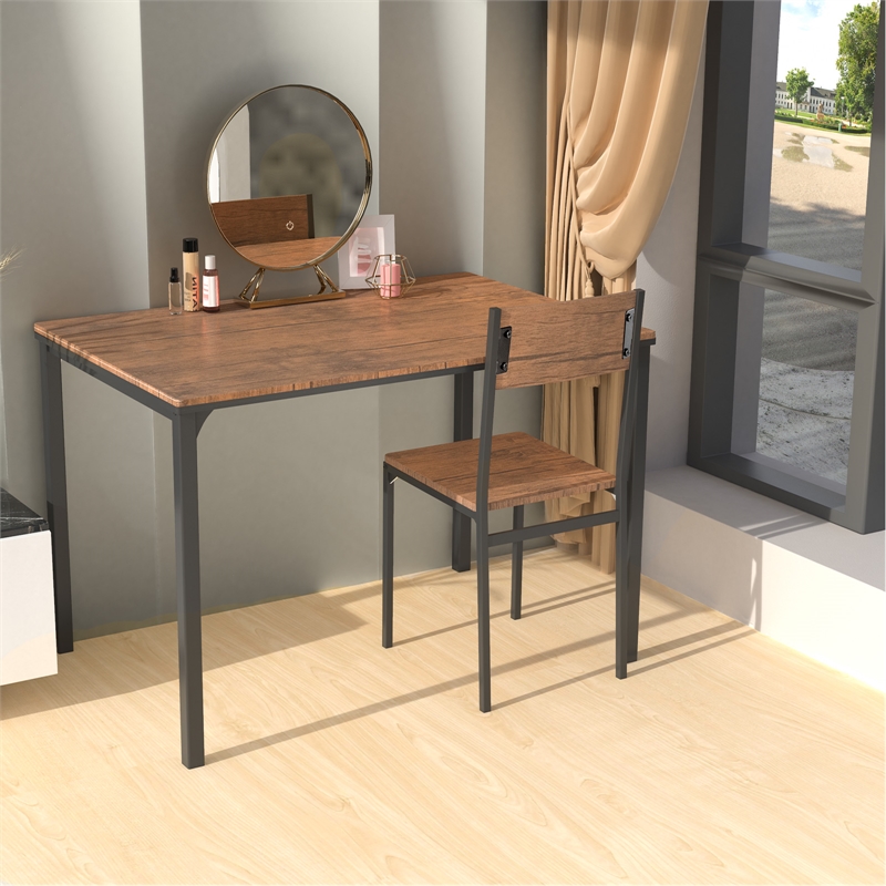 4pcs Dining Table Set Rustic Desk 2 Chairs and Bench Brown