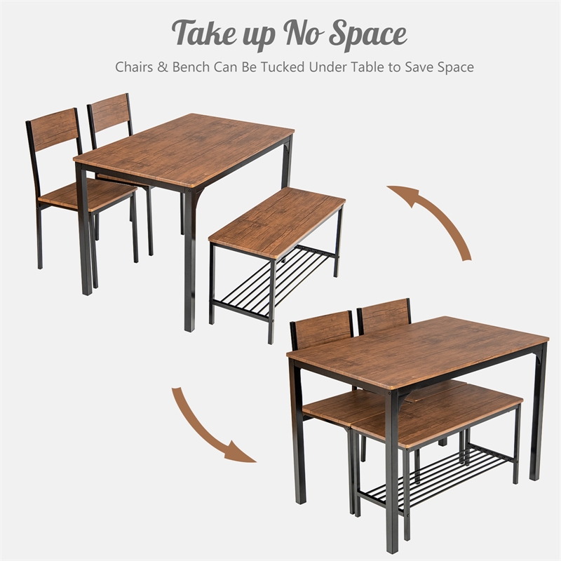 4pcs Dining Table Set Rustic Desk 2 Chairs and Bench Brown