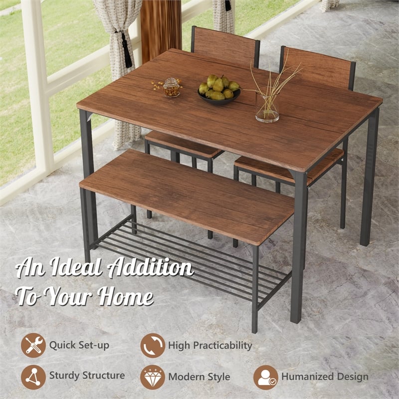 4pcs Dining Table Set Rustic Desk 2 Chairs and Bench Brown