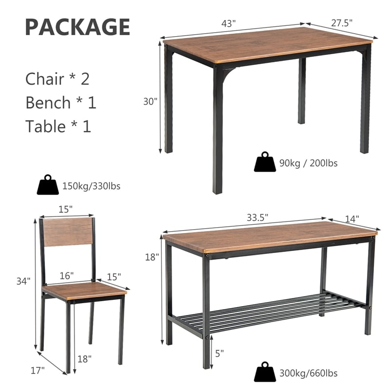 4pcs Dining Table Set Rustic Desk 2 Chairs and Bench Brown