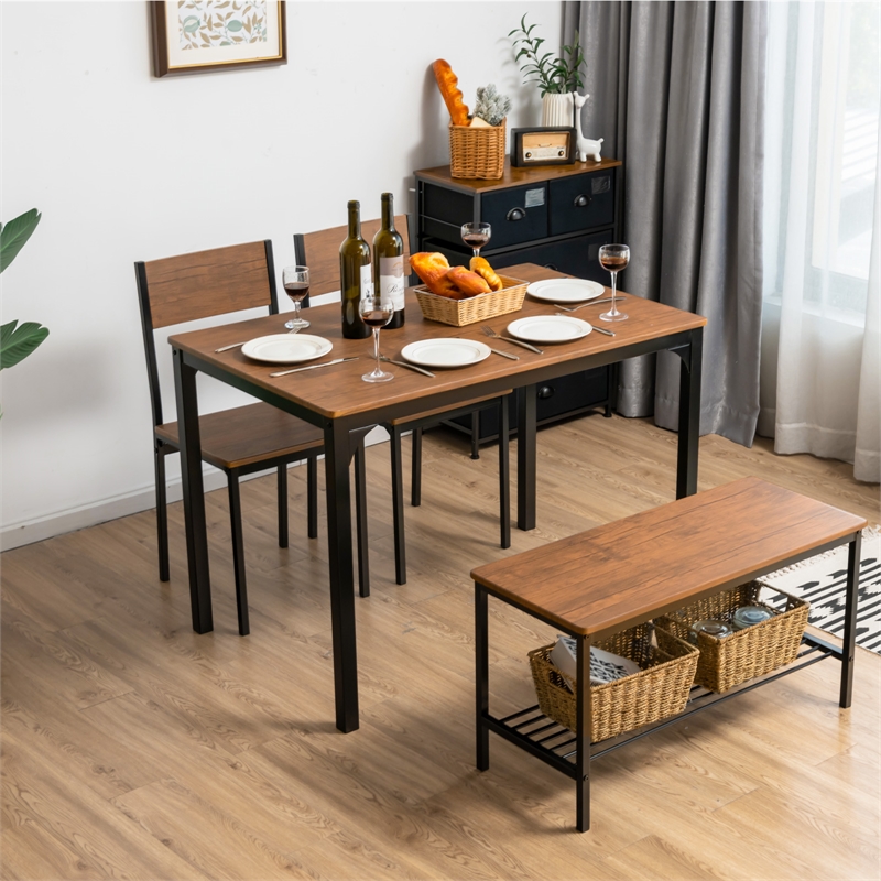 4pcs Dining Table Set Rustic Desk 2 Chairs and Bench Brown