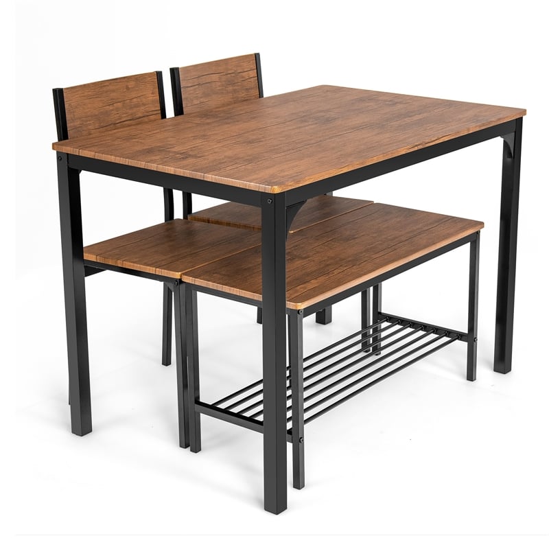4pcs Dining Table Set Rustic Desk 2 Chairs and Bench Brown