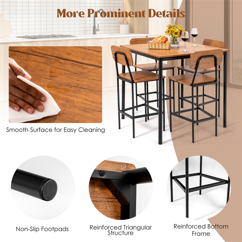 5 PCS Industrial Dining Table Set with 4 Bar Stools Brown