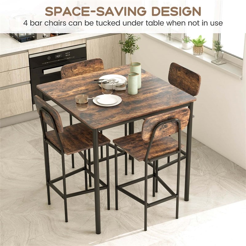 5 PCS Industrial Dining Table Set with 4 Bar Stools Black
