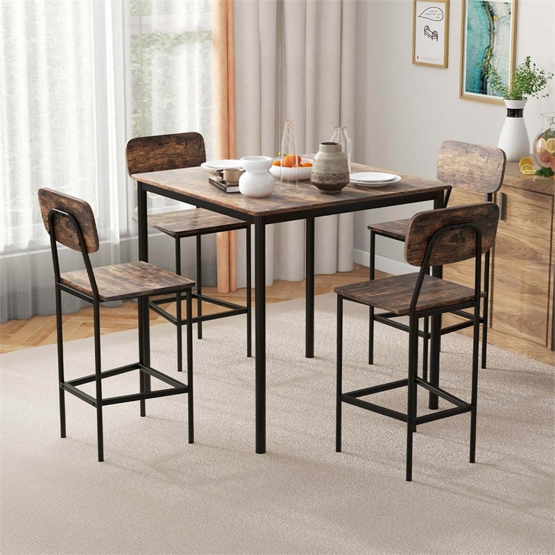 5 PCS Industrial Dining Table Set with 4 Bar Stools Black