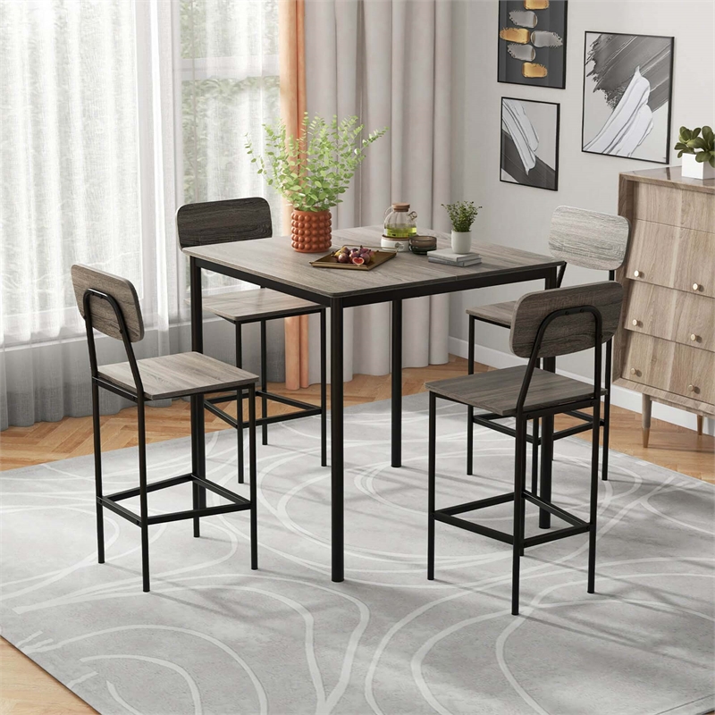 5 PCS Industrial Dining Table Set with 4 Bar Stools Grey