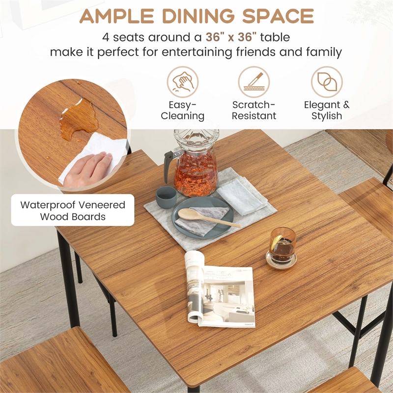 5 PCS Industrial Dining Table Set with 4 Bar Stools Walnut