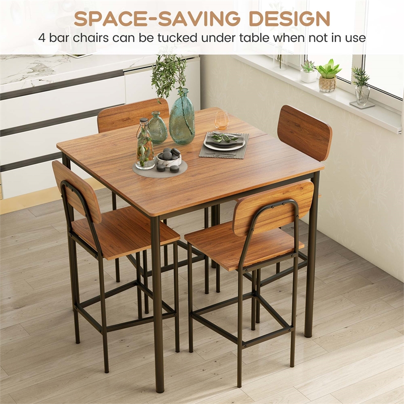 5 PCS Industrial Dining Table Set with 4 Bar Stools Walnut