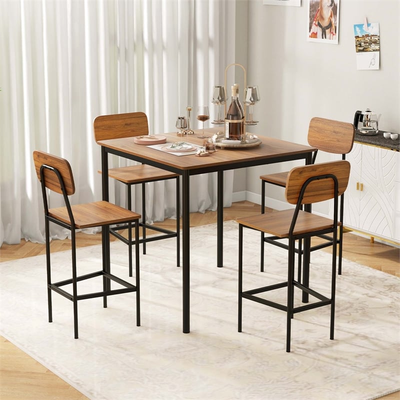 5 PCS Industrial Dining Table Set with 4 Bar Stools Walnut
