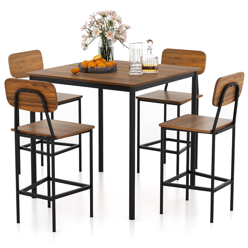 5 PCS Industrial Dining Table Set with 4 Bar Stools Walnut