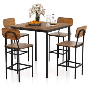 5 PCS Industrial Dining Table Set with 4 Bar Stools Walnut