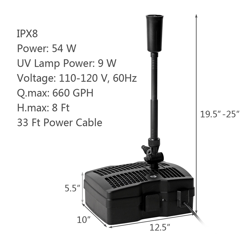 54W All in One 660 GPH Pond Filter 9W UV Sterilizer W/Pump Fountain Kits Black