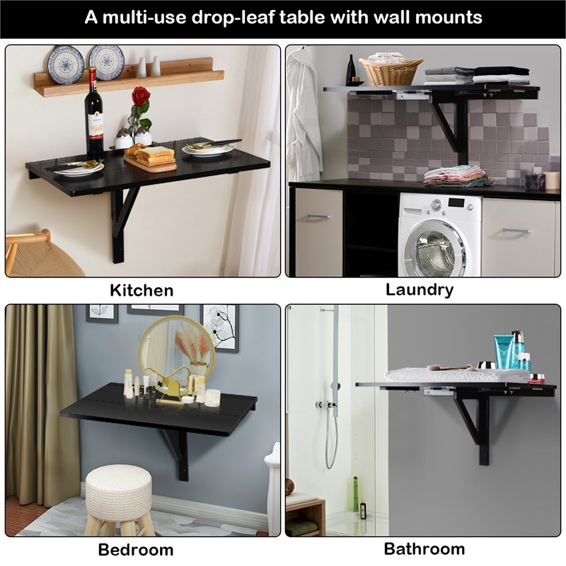 Wall Mounted Drop Leaf Table Floating Folding Desk Space Saver Black