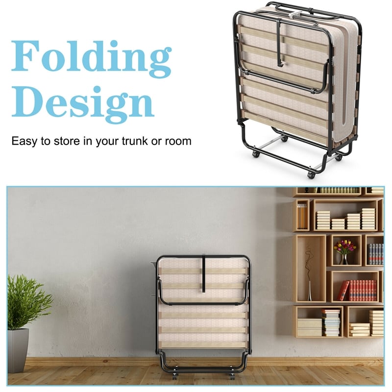 Folding Bed Rollaway Extra Guest W/Memory Foam Mattress Beige