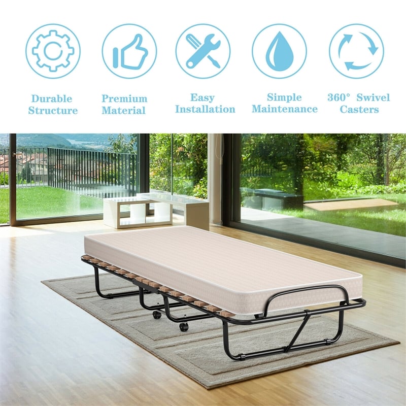Folding Bed Rollaway Extra Guest W/Memory Foam Mattress Beige