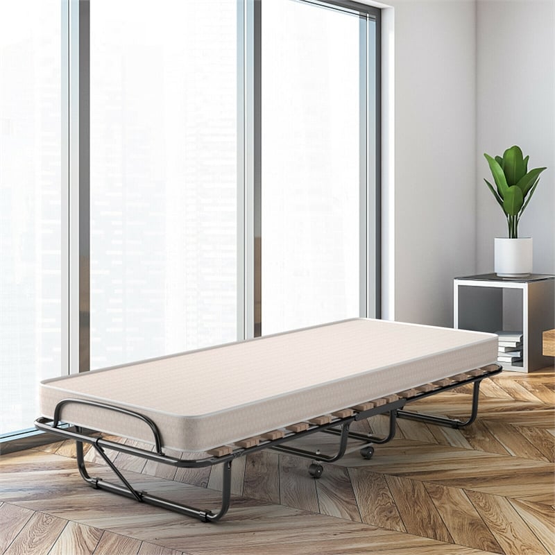 Folding Bed Rollaway Extra Guest W/Memory Foam Mattress Beige