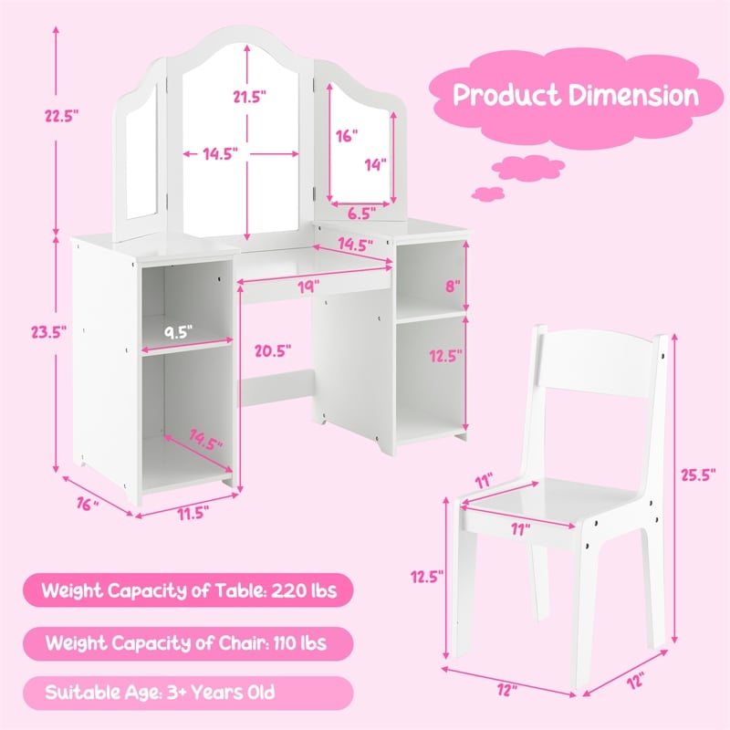 Vanity 2 in 1 Princess Makeup Desk and Chair Set Safe White