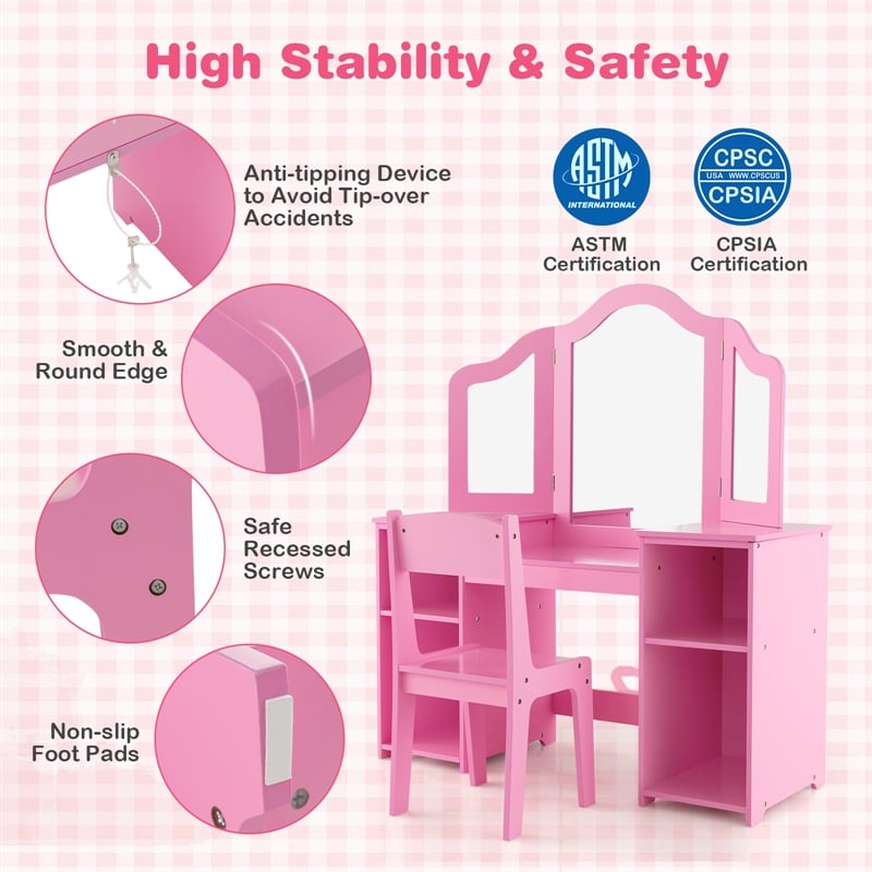 Vanity 2 in 1 Princess Makeup Desk and Chair Set Safe Pink
