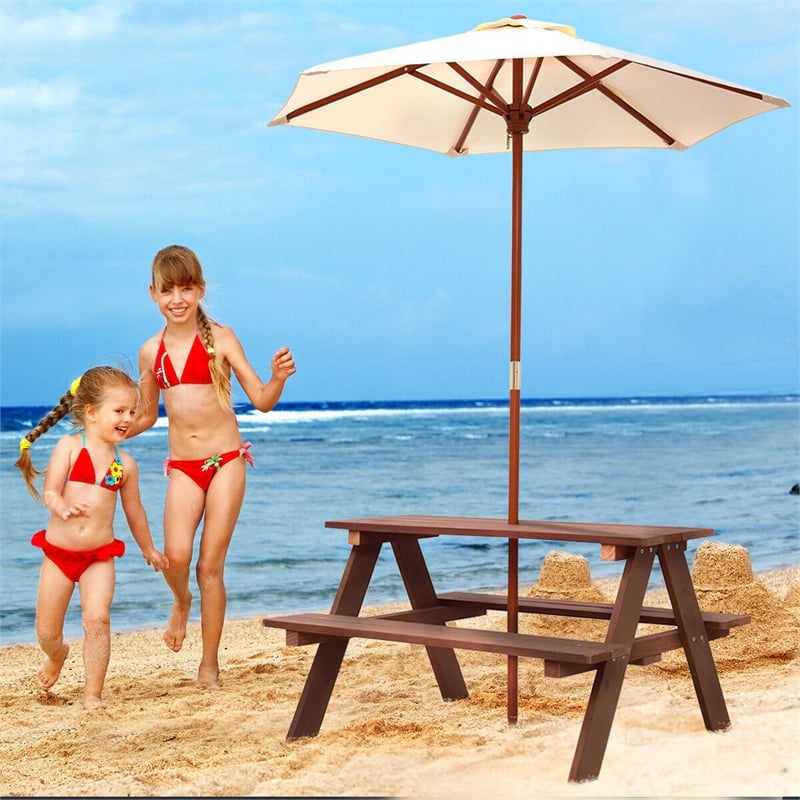 Outdoor Picnic Table Bench with Folding Umbrella  4 Seat